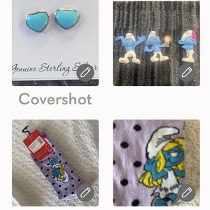 Smurfette socks+3💙piece 3”Smurf’s+925 light blue inlay heart ear…